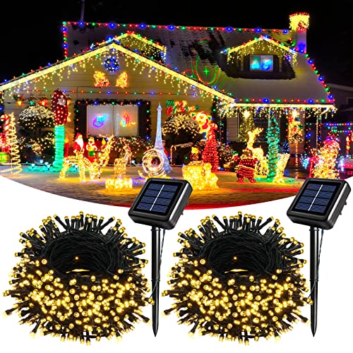 2 Pack Extra-Long Solar Outdoor String Lights Waterproof Each 75ft 210 Led Solar String Lights,Green Wire with 10 Lighting Modes Xmas Tree Lights for Party Garden Yard Patio Fence