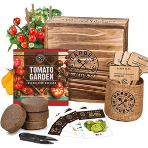indoor vegetable garden starter kit with tomato seeds for planting – tomato garden grow kit, non gmo heirloom seeds, wood gift box, soil, pots, plant markers, diy home gardening gifts for plant lovers