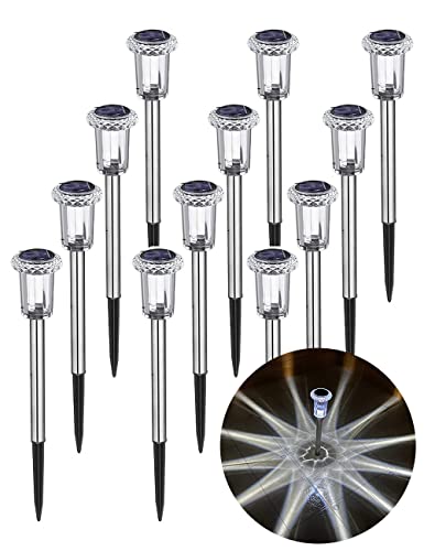 papasbox 12 Pack Solar Pathway Lights Solar Outdoor Lights Stainless Lamp Waterproof LED Solar Powered Landscape Path Ground Stakes Light for Lawn Garden Yard Patio Walkway Driveway Lighting