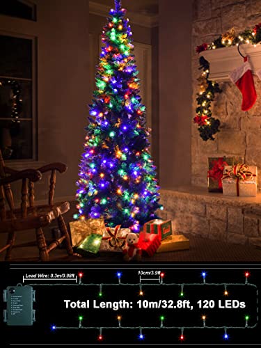 2 Pack Each 32.8ft 120 LED Battery Operated Christmas Tree Lights Indoor Outdoor Cluster String Lights with Timer 8 Modes Dark Green Wire Fairy Light for Xmas Bedroom Garden Decorations (Multicolor)
