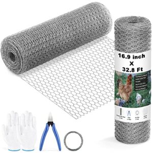 chicken wire fencing mesh 16.9 inch x 32.8 ft, 0.6 inch hexagonal galvanized floral chicken wire fence for crafts garden poultry, metal hardware cloth netting for chicken coops rabbit rodent cage