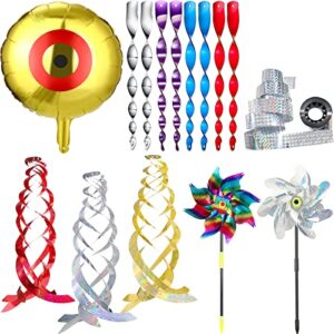 20 pcs bird scare devices 4 eyes balloons 3 spiral reflectors 2 reflective pinwheels with stake 10 reflective scare rods 16.4ft bird reflective scare tape to keep birds away from patio pool garden