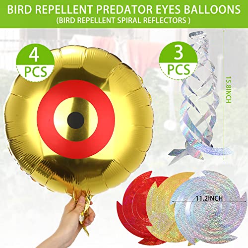 20 Pcs Bird Scare Devices 4 Eyes Balloons 3 Spiral Reflectors 2 Reflective Pinwheels with Stake 10 Reflective Scare Rods 16.4ft Bird Reflective Scare Tape to Keep Birds Away from Patio Pool Garden