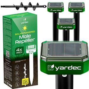 yardec gopher repellent ultrasonic solar powered – easy to use solar mole repellent ultrasonic with an auger drill bit – ip65 waterproof sonic repeller stakes for groundhog, vole, snake, etc (4-pack)