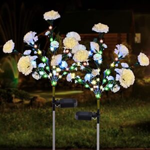 solar flower lights outdoor, 2 pack carnation solar garden lights 49-led, waterproof landscape stake lights, used for garden courtyard path wedding christmas and mother’s day decoration (white)