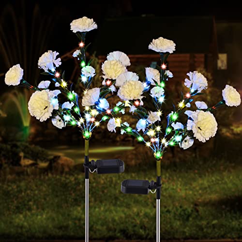 Solar Flower Lights Outdoor, 2 Pack Carnation Solar Garden Lights 49-LED, Waterproof Landscape Stake Lights, Used for Garden Courtyard Path Wedding Christmas and Mother's Day Decoration (White)