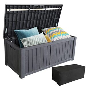 large 120 gallons weather resistant outdoor deck box lockable patio storage box outside cushion organization storage bench for patio cushions, garden tools and pool toys – black. free patio cover included