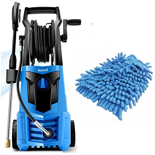 Suyncll 2.0GPM Electric Power Washer +Microfibre Car Wash Mitt, 1600W High Pressure Washer with Hose Reel, Graet for Home/Garden/Car Cleaning(Blue)