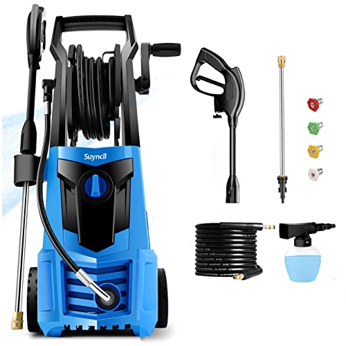 Suyncll 2.0GPM Electric Power Washer +Microfibre Car Wash Mitt, 1600W High Pressure Washer with Hose Reel, Graet for Home/Garden/Car Cleaning(Blue)