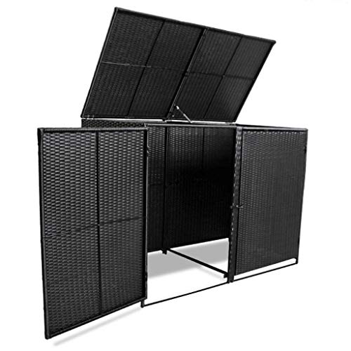 Festnight Outdoor Double Waste Bin Shed Patio Garden Storage Shed Poly Rattan Black