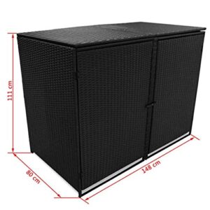 Festnight Outdoor Double Waste Bin Shed Patio Garden Storage Shed Poly Rattan Black