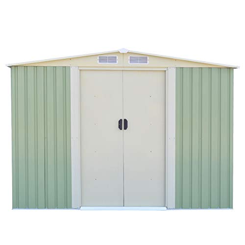 Goplus® Galvanized Steel Outdoor Storage Shed 8.5X 8.5Ft Heavy Duty Tool House W/Sliding Door for Garden Lawn(Light Green)