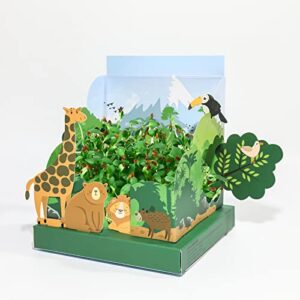 grow your own jungle garden – alfalfa microgreen growing kit 3d garden scene with attachable animal cards, best birthday crafts gifts for girls & boys