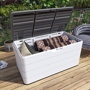 Mrosaa 85 Gallon Resin Deck Storage Box, Lockable Outdoor Storage Box Waterproof for Garden Tool,Pool Accessories, and Outdoor Cushion Storage, Light Beige