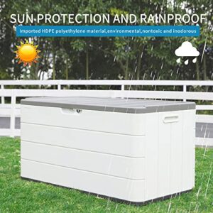 Mrosaa 85 Gallon Resin Deck Storage Box, Lockable Outdoor Storage Box Waterproof for Garden Tool,Pool Accessories, and Outdoor Cushion Storage, Light Beige