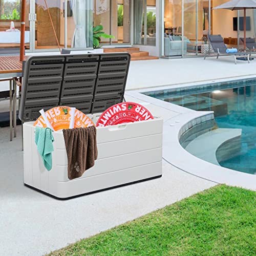 Mrosaa 85 Gallon Resin Deck Storage Box, Lockable Outdoor Storage Box Waterproof for Garden Tool,Pool Accessories, and Outdoor Cushion Storage, Light Beige