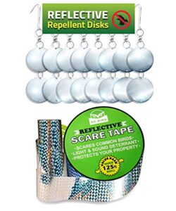 de-bird bundle includes: scare tape – reflective tape and 8 pk reflective repellent disks to keep away woodpecker, pigeons, and protect plants & fruit trees