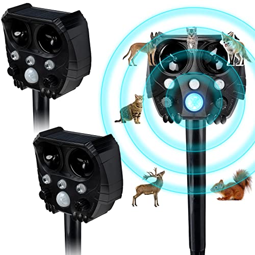 Solar Powered Ultrasonic Animal Repellent Waterproof Cat Repellent with Motion Detector Squirrel Repellent Bird Deterrent Devices Outdoor Solar Deer Repellent Devices for Outdoor (Black, 2 Pcs)