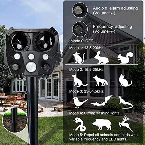 Solar Powered Ultrasonic Animal Repellent Waterproof Cat Repellent with Motion Detector Squirrel Repellent Bird Deterrent Devices Outdoor Solar Deer Repellent Devices for Outdoor (Black, 2 Pcs)