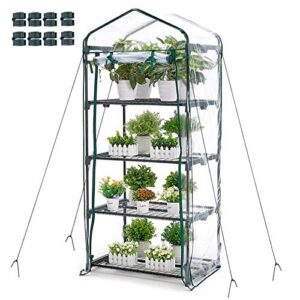 greenhouse 4 tier mini greenhouse 63x28x20 in portable garden green house, with zippered pvc cover, metal shelves for garden yard patio indoor outdoor, extra hooks wind ropes 8 net rack buckles