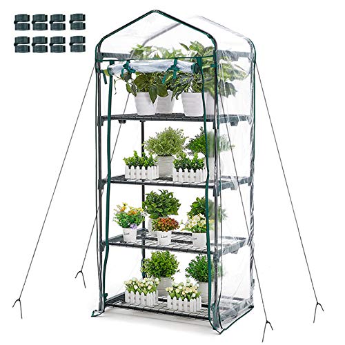 Greenhouse 4 Tier Mini Greenhouse 63x28x20 in Portable Garden Green House, with Zippered PVC Cover, Metal Shelves for Garden Yard Patio Indoor Outdoor, Extra Hooks Wind Ropes 8 Net Rack Buckles