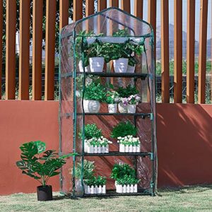 Greenhouse 4 Tier Mini Greenhouse 63x28x20 in Portable Garden Green House, with Zippered PVC Cover, Metal Shelves for Garden Yard Patio Indoor Outdoor, Extra Hooks Wind Ropes 8 Net Rack Buckles