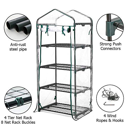 Greenhouse 4 Tier Mini Greenhouse 63x28x20 in Portable Garden Green House, with Zippered PVC Cover, Metal Shelves for Garden Yard Patio Indoor Outdoor, Extra Hooks Wind Ropes 8 Net Rack Buckles