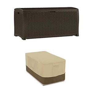 suncast dbw9200 mocha resin wicker deck box, 99-gallon with deck box cover – durable and water-resistant patio furniture cover