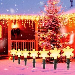 Christmas Snowflake Pathway Lights Outdoor, 14.3ft Plug in Walkway Lights Stake, Landscape Path Lights String for Christmas Lawn Garden Yard Decor, Hangable, Connectable, IP67 Waterproof, Warm White