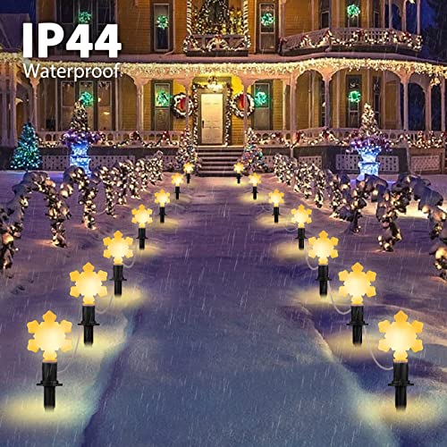 Christmas Snowflake Pathway Lights Outdoor, 14.3ft Plug in Walkway Lights Stake, Landscape Path Lights String for Christmas Lawn Garden Yard Decor, Hangable, Connectable, IP67 Waterproof, Warm White