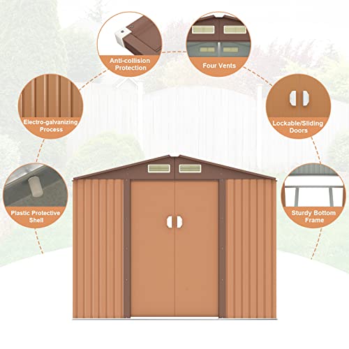 HOGYME 9.1' x 6.3' Storage Shed, Sheds & Outdoor Storage with Double Sliding/Lockable Door, Metal Tool Shed for Garden Backyard Patio Lawn, Coffee