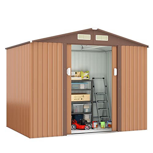 HOGYME 9.1' x 6.3' Storage Shed, Sheds & Outdoor Storage with Double Sliding/Lockable Door, Metal Tool Shed for Garden Backyard Patio Lawn, Coffee