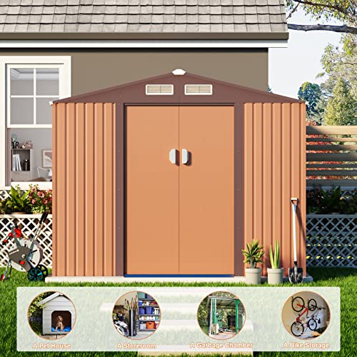 HOGYME 9.1' x 6.3' Storage Shed, Sheds & Outdoor Storage with Double Sliding/Lockable Door, Metal Tool Shed for Garden Backyard Patio Lawn, Coffee