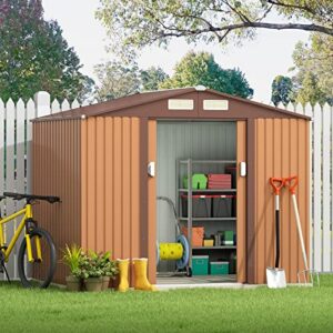 HOGYME 9.1' x 6.3' Storage Shed, Sheds & Outdoor Storage with Double Sliding/Lockable Door, Metal Tool Shed for Garden Backyard Patio Lawn, Coffee