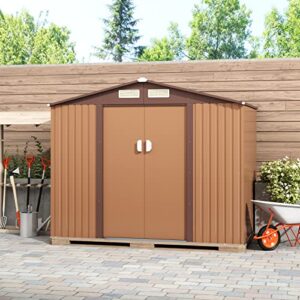 HOGYME 9.1' x 6.3' Storage Shed, Sheds & Outdoor Storage with Double Sliding/Lockable Door, Metal Tool Shed for Garden Backyard Patio Lawn, Coffee