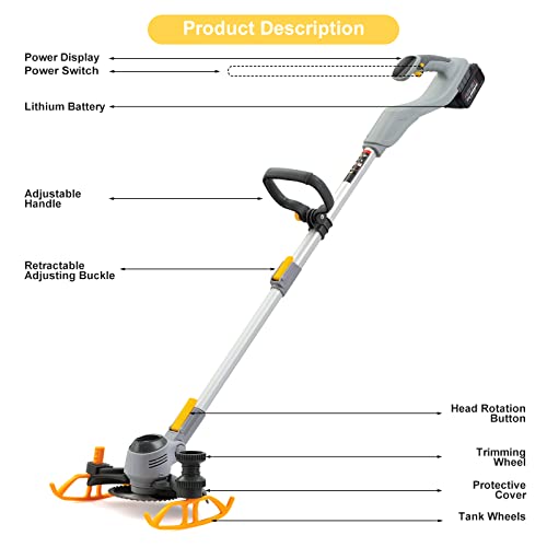 Cordless Weed Wacker String Trimmer, Electric Weed Eater Brush Cutter with 3 Types Blades, Adjustable Height Grass Trimmer/Edger for Garden and Yard (Battery & Rapid Charger Included) (Yellow-2)