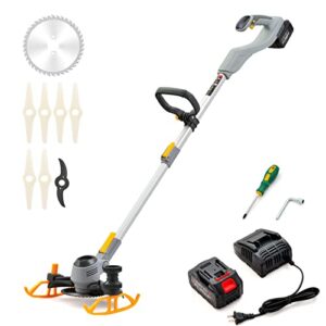 cordless weed wacker string trimmer, electric weed eater brush cutter with 3 types blades, adjustable height grass trimmer/edger for garden and yard (battery & rapid charger included) (yellow-2)