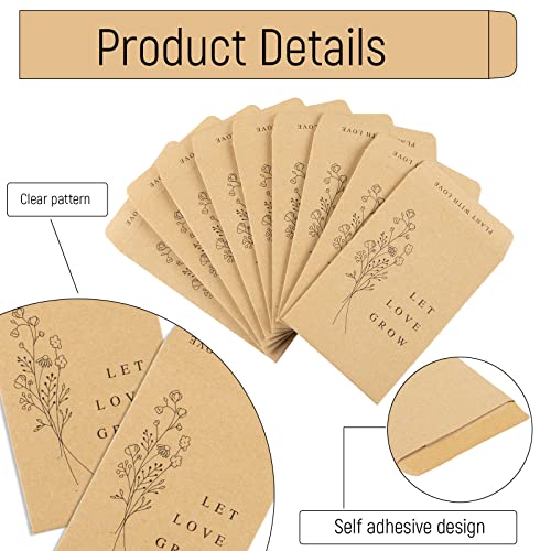 Whaline 200 Pack Wedding Favor Seed Packets Self-Adhesive Let Love Grow Kraft Envelope Rustic Small Flower Seeds Storage Packets for Garden Office Wedding Gift Party Favors, 3.5 x 2.4 Inch
