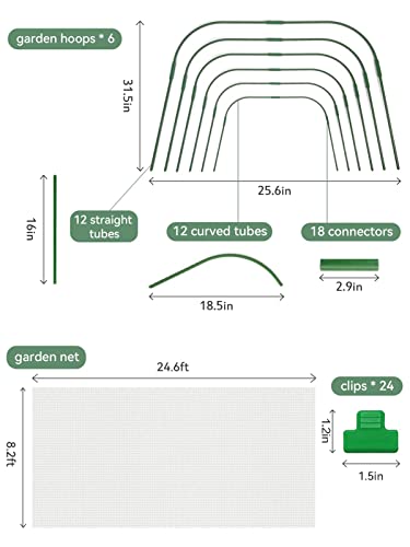 6PCS 25.6 x 31.5 in Garden Hoops, Greenhouse Hoops Kit with 24.6 x 8.2 ft Garden Mesh Cover Net & 24pcs Clips for Vegetable Flowers Fruits Plants Greenhouse Protection from Birds Animals