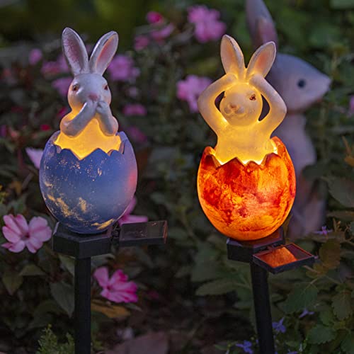 FIALAME Rabbit Garden Ornaments Outdoor Solar Pathway Lights, Bunny Resin Figurine Lamp for Courtyard Lawn, Garden Decoration Gifts (Blue)