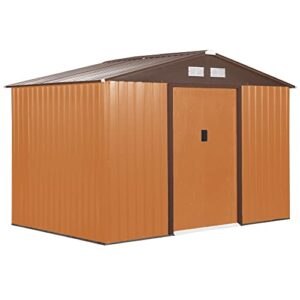 outsunny 9′ x 6′ metal storage shed garden tool house with double sliding doors, 4 air vents for backyard, patio, lawn brown