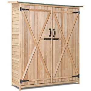 goplus outdoor storage cabinet, wooden garden shed with double lockable doors & lean-to roof, vertical tool organizer for backyard patio deck