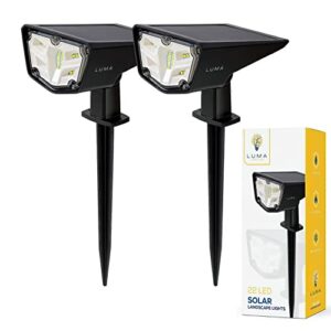 luma solar outdoor lights 2 pack | weatherproof landscape lighting with 22 led outdoor lights for patio, yard | garden & wall mount | 3 modes cool, warm, both + rechargeable all-night battery