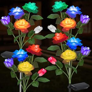 4 pack solar garden decorative lights 7 color changing beautiful & realistic rose flowers lights waterproof outdoor solar powered fairy landscape lights for yard pathway patio christmas decoration