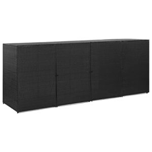 loibinfen Poly Rattan Quadruple Outdoor Wheelie Storage Bin Shed with 4 Large Doors and Locking System for Barkyard Outdoor Patio Garden 120.1"x30.7"x47.2" Black