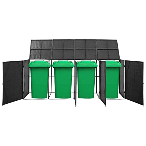 loibinfen Poly Rattan Quadruple Outdoor Wheelie Storage Bin Shed with 4 Large Doors and Locking System for Barkyard Outdoor Patio Garden 120.1"x30.7"x47.2" Black