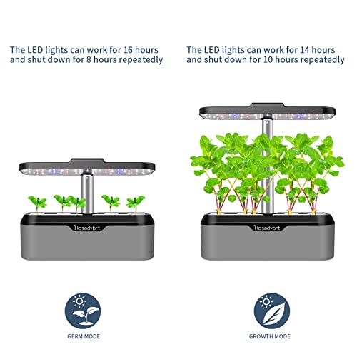 Hosadybrt Indoor Garden Hydroponic Growing System: Plant Germination Kit Vegetable Growth Lamp Countertop with LED Grow Light - Hydrophonic Planter Grower Harvest Veggie Lettuce (12 Pods, Grey)