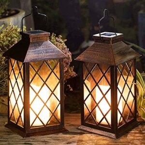 take me [2 pack] 14″ solar lantern outdoor garden hanging lantern waterproof led flickering flameless candle mission lights for table,outdoor,party valentine’s day gift
