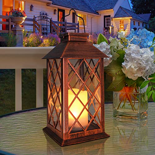 TAKE ME [2 Pack] 14" Solar Lantern Outdoor Garden Hanging Lantern Waterproof LED Flickering Flameless Candle Mission Lights for Table,Outdoor,Party Valentine's Day Gift