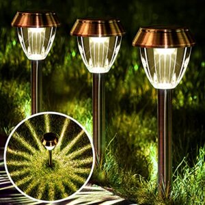 solatino solar pathway lights outdoor waterproof 6 pack solar powered garden lights bright up to 12 hrs yard light led landscape lighting decorative copper stainless steel walkway light, warm white